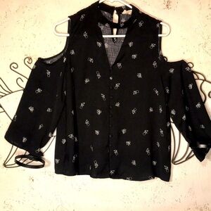 Womens Lightweight 3/4 Sleeve Cold Shoulder Button Down Top by SWEET WANDERER